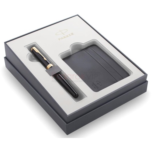 Набор Parker 2020: перьевая Parker Sonnet Core F530, Lacquer Deep Black GT (Перо M) + чехол для карт